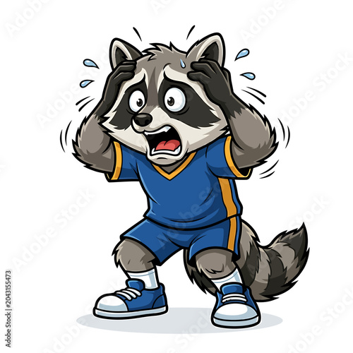 Racoon in blue football uniform excitedly watching the world cup match