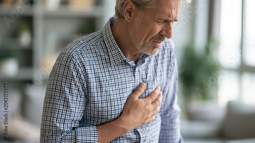 Man holding his chest in pain, representing heart attack symptoms, cardiovascular disease, medical emergency, cardiac health risks, and urgent healthcare needs