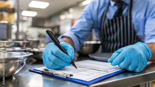 Food safety inspector documenting inspection results in a commercial kitchen, representing quality assurance, hygiene standards, compliance, and food industry safety