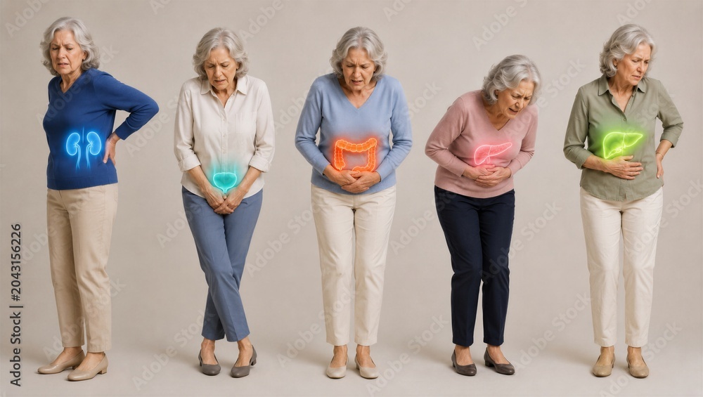 Obraz premium Senior woman experiencing pain in various internal organs shown with anatomy holograms. Medical visualization of kidney, bladder, intestine, stomach, and liver disease. Healthcare awareness.
