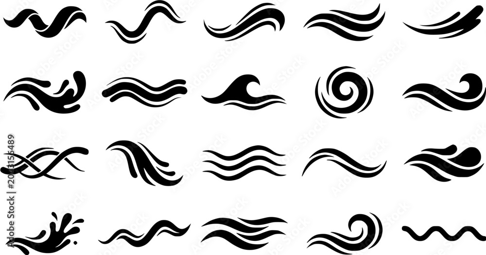 Fototapeta premium Set of black silhouette water waves and liquid splash icons isolated on white background