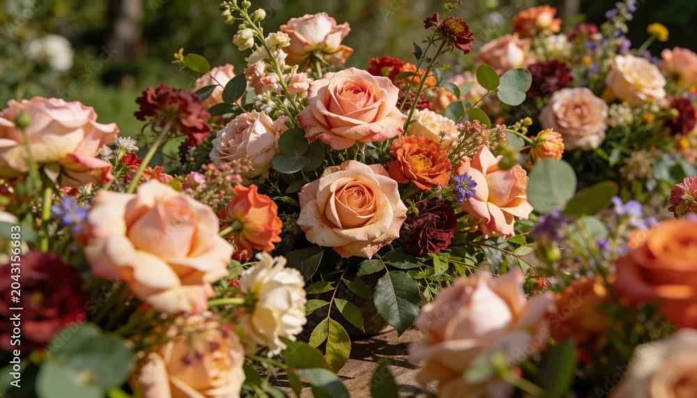 Obraz premium Displaying central bouquet peach coral roses with burgundy blooms and eucalyptus on wooden table