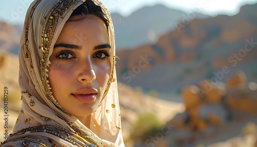 Woman wearing traditional headscarf outdoors.