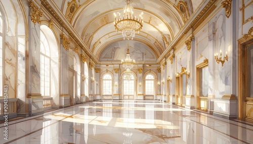 Opulent ballroom with high ceilings, arched windows, ornate gold chandeliers, intricate moldings, polished marble floor reflecting light, luxurious classical architecture emphasizing symmetry, grandeu