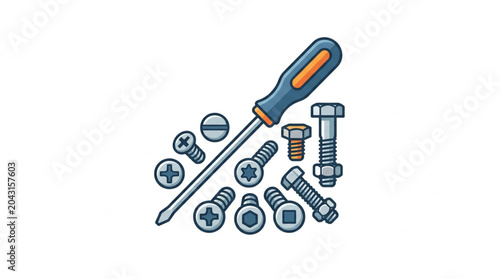 Obraz na plátně Screwdriver and various fasteners illustration.