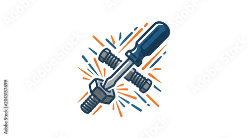 Obraz na płótnie Screwdriver tightening a bolt and nut with radiating lines.