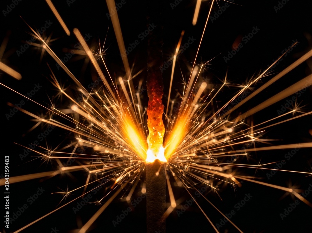 Obraz premium Close-up of a vibrant sparkler igniting, casting brilliant golden light and a shower of sparks in the darkness.