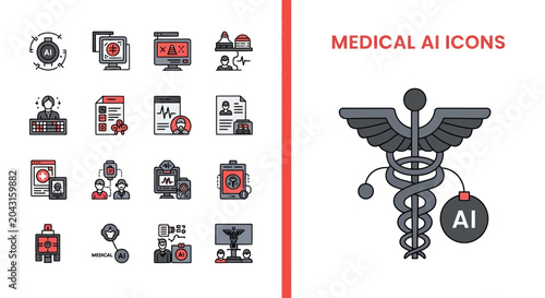 Medical AI icons set for healthcare technology and digital medicine