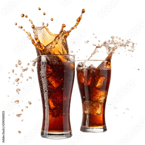 Two glasses of cola with ice cubes splashing isolated on transparent background