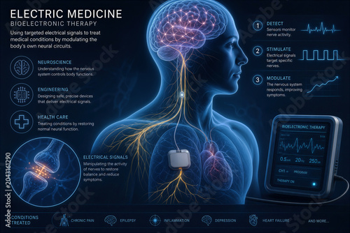 Electric Medicine bioelectronic therapy diagram showing neuroengineering electrical stimulation of vagus and peripheral nerves for chronic pain epilepsy inflammation depression heart failure treatment