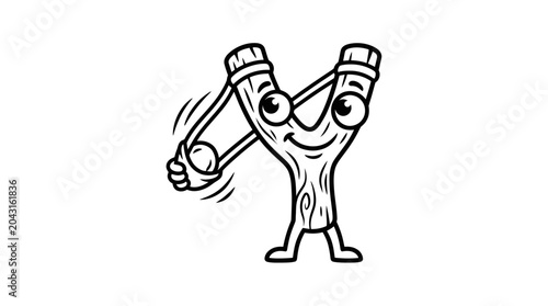 Quadro su tela Funny cartoon slingshot character aiming a ball, black and white illustration