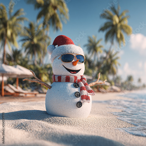 Snowman on sand at sunny beach generated.AI