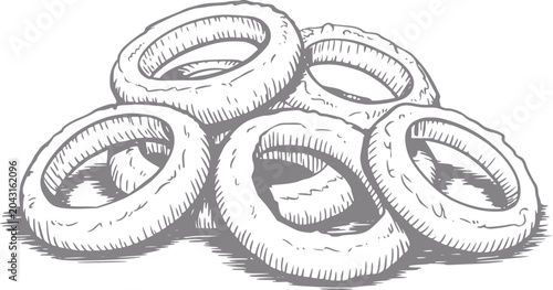 Bild auf Leinwand A hand-drawn of a pile of crispy golden fried onion rings isolated on a plain wh