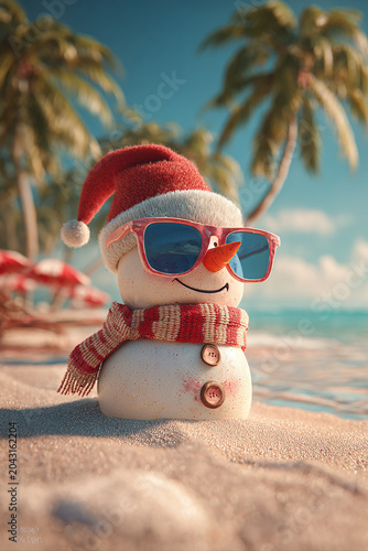 Snowman on sand at sunny beach generated.AI