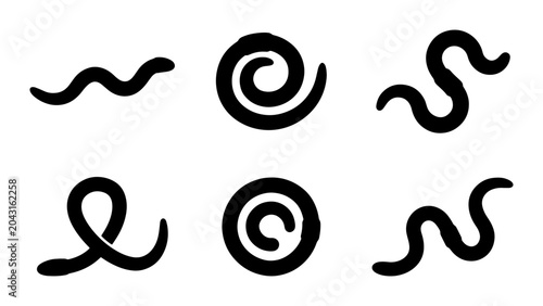 Tableau sur toile Set of six black snake illustrations in different poses and spiral shapes Vector