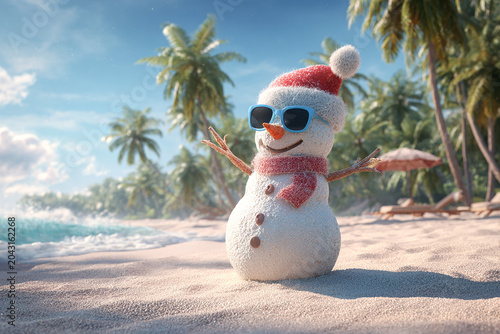 Snowman on sand at sunny beach generated.AI