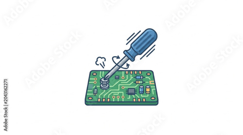 Konstfotografi Screwdriver tightening screw on circuit board illustration.