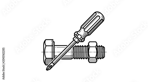 Fotografía Screwdriver Tool Resting On Bolt And Nut Illustration.