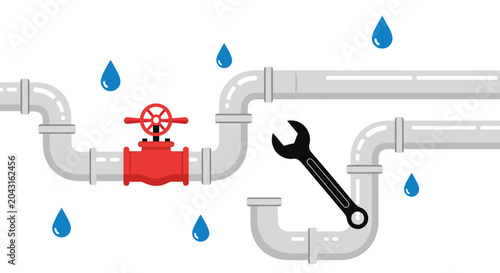 Wrench and leaking pipe system repair.