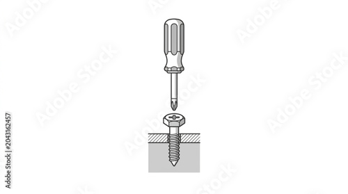 Fotografi Screwdriver turning a screw into wood material illustration.
