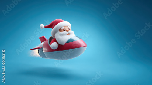 Santa Claus cartoon stylized flying futuristic jet red white blue Christmas joyful holiday winter fantasy 3D illustration isolated transportation technology adventure magic cheerful celebration