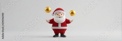 Santa Claus red suit white beard black boots jolly juggling gold ornament festive holiday Christmas cheerful minimal background winter celebration 3D illustration