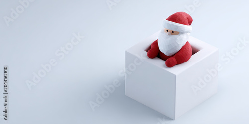 Isometric 3d render of Santa Claus sitting in blank white cube, festive holiday decoration, minimal style, cheerful mood, red and white color, Christmas concept