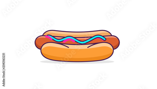 Colorful hot dog with wavy topping.
