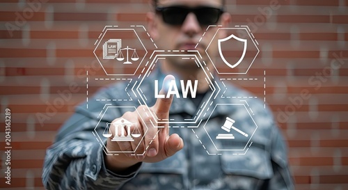 A man in a military uniform interacting with a digital law interface on a brick background with icons
