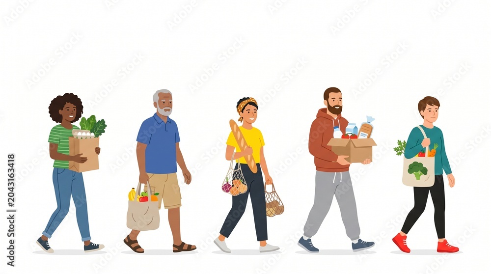 Fototapeta premium A diverse group of people walking together while carrying various grocery bags filled with fresh organic vegetables and healthy food items isolated on white background