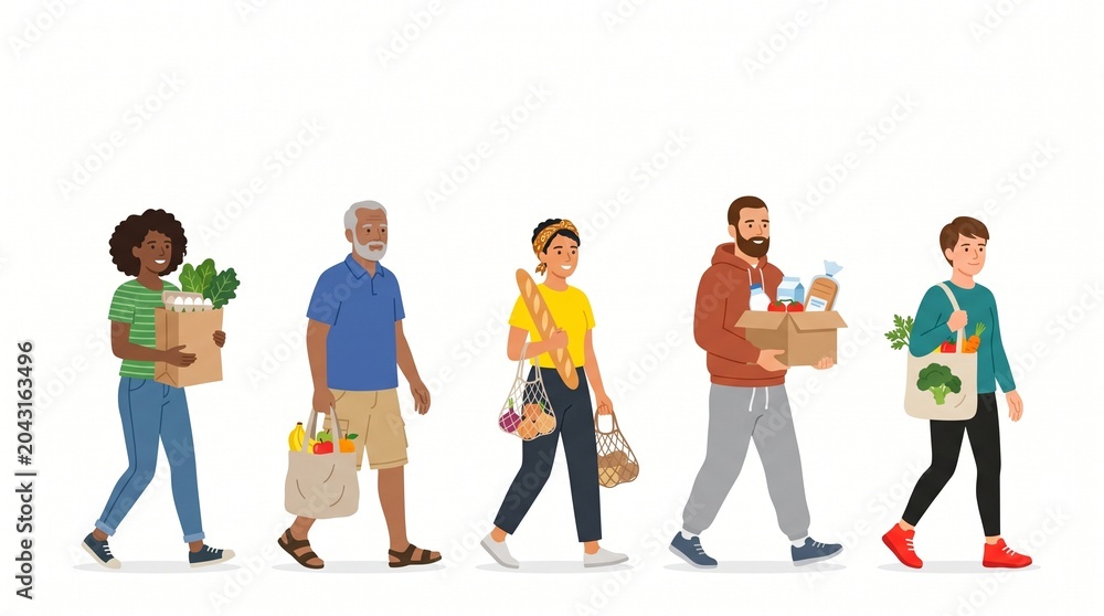 Obraz premium A diverse group of cheerful people walking in a line while carrying various paper bags and eco friendly mesh totes filled with fresh organic groceries and healthy food items on white background.