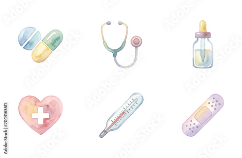 Photos Watercolor medical icons set on white background
