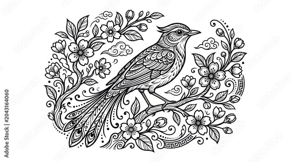 Fototapeta premium Intricate Bird and Cherry Blossoms Line Art Illustration