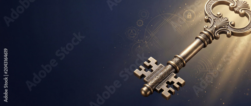 Antique golden key with ornate design glowing under a spotlight on a dark background with gear graphics