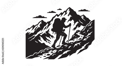 Fotografi A black silhouette vector illustration of a hiker with backpack ascending a moun