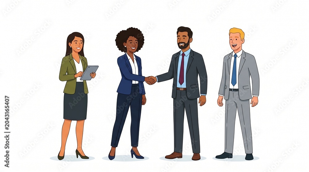 Obraz premium Diverse professional business team members are shaking hands and holding a tablet in this high quality colorful cartoon illustration depicted on white background