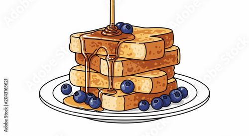 Delicious stack of golden-brown french toast drizzled with sweet syrup and fresh blueberries