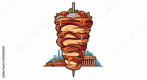 Delicious vertical meat spit with dripping sauce and ancient ruins