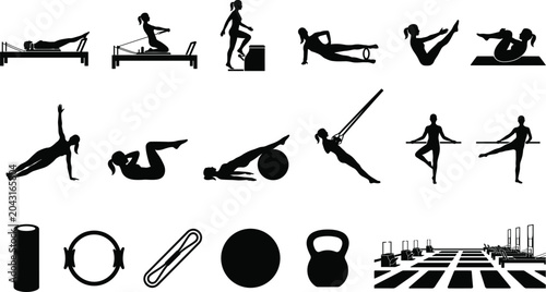 Cuadro en lienzo Fitness and exercise silhouettes with Pilates reformer, strength training, suspe