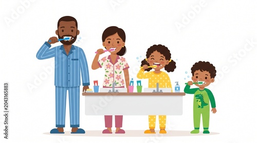 A happy diverse family wearing colorful pajamas brushing their teeth together in a flat vector illustration style, captured with vibrant colors and clean lines on white background.