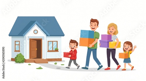 A happy young family carrying colorful cardboard moving boxes into their new home with bright expressions and cheerful smiles for a fresh start on white background