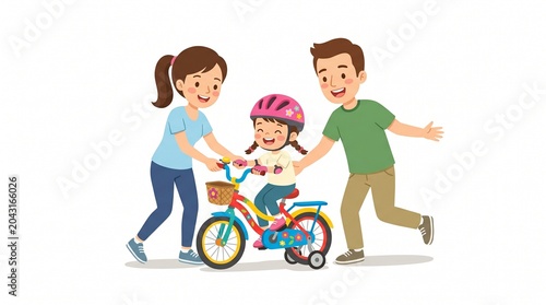 A happy mother and father are helping their young daughter learn how to ride a colorful bicycle with training wheels and a pink helmet on white background