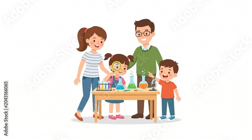 A happy family of four performing fun science experiments with colorful glass beakers while using a magnifying glass and microscope to learn together on white background.