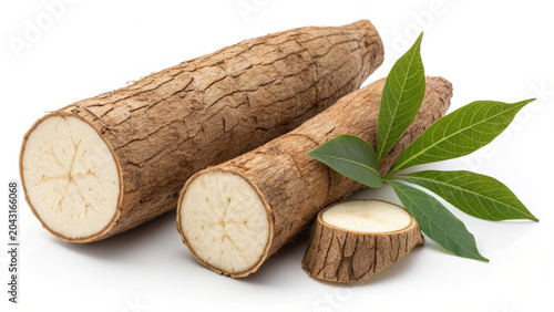 Cassava root vegetable with fresh green leaves and sliced pieces showing white starchy interior on white background