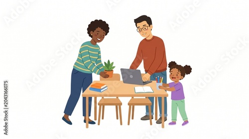 Happy diverse family working together at a wooden table with a laptop, books, and a small potted plant in a vibrant, colorful, flat digital vector illustration style isolated on white background.