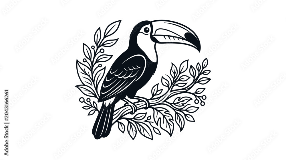 Fototapeta premium Toucan Bird Perched on Branch with Leaves - Stylized Illustration