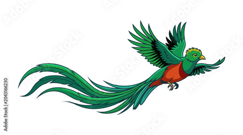 Obraz na płótnie Resplendent Quetzal Bird in Flight, Vibrant Green Plumage, Long Tail Feathers