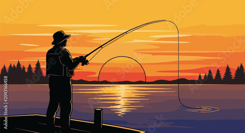 Fisherman casting line into calm water at sunset with reflection