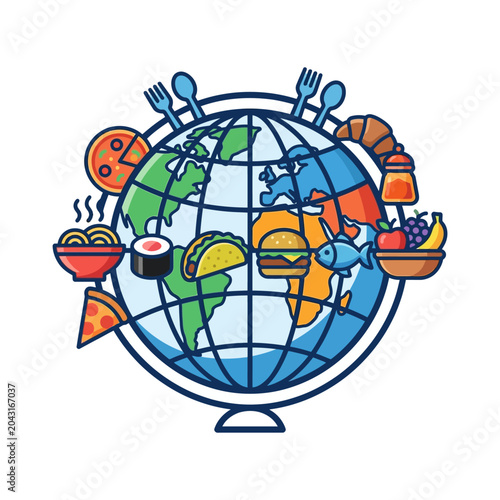 Global Cuisine Diversity Illustrated with World Map and Various Foods.