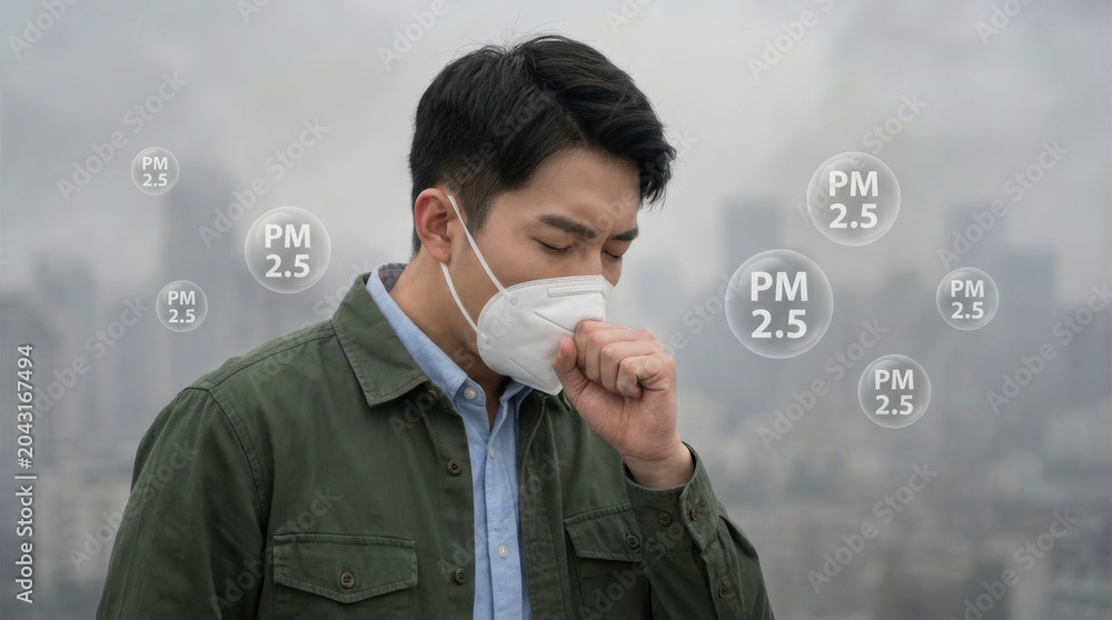 Fototapeta premium Pollution smog air urban man mask cough particulate city haze Urban man wear mask cough during pollution smog air emergency. toxic smoke carbon emission. city fog, environmental climate health